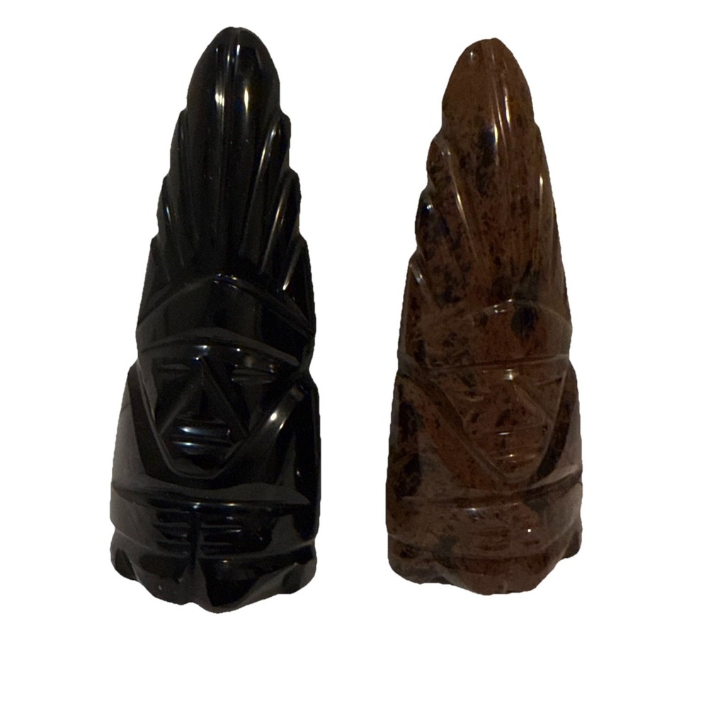 Vintage Handcrafted Stone Obsidian Aztec Characters chess set Of 28 Black & Brow
